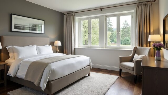 A comfortable bedroom with a large bed and a chair, ideal for relaxation or reading