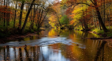 Autumn Forest River Landscape with Colorful Fall Foliage and Reflections