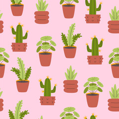Seamless pattern with various potted houseplants including cacti and leafy plants on pink background. Flat hand-drawn illustration. Indoor gardening and botanical decor concept.