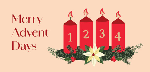 Christmas Advent wreath with four red candles numbered one to four, all lit, decorated with poinsettia flower, fir branches, holly leaves and berries.