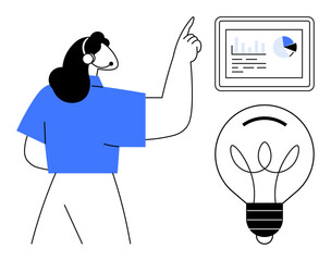 Woman pointing to a data chart on a screen beside a glowing light bulb. Ideal for analytics, innovation, brainstorming, leadership, education, technology, teamwork themes. Simple flat metaphor