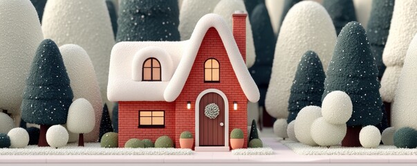 Charming winter red house with snow coating amidst frosted pine trees