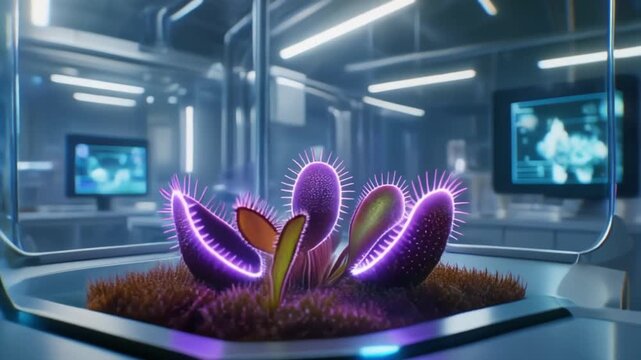 A glowing genetically modified Venus flytrap plant undergoes transformation in a futuristic science lab