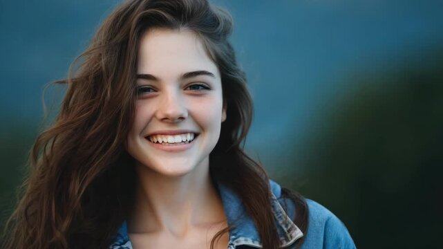 Smiling young woman with long brown hair and a denim jacket looking back
