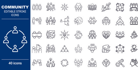 Community and Teamwork Collaboration Vector Icons. Set of 40 editable stroke symbols for networking, groups, and social connection. Includes teams, meetings, and shared goals