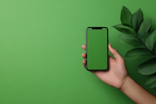 Holding a Phone Vertically Against a Vibrant Green Backdrop With Leafy Accents - Powered by Adobe