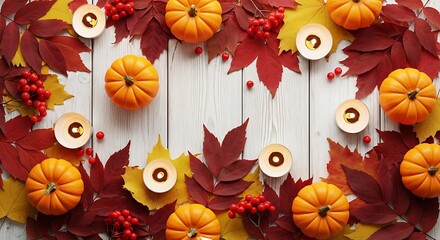 Warm autumn celebration with pumpkins, candles, and colorful leaves arranged on a rustic wooden table, evoking a cozy and festive seasonal atmosphere