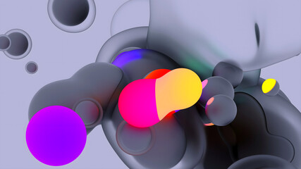 3d render of abstract art video animation with surreal translucent plastic neon fluorescent purple soft bubbles spheres with glowing stripes on a grey background