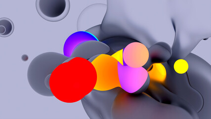 3d render of abstract art video animation with surreal translucent plastic neon fluorescent purple soft bubbles spheres with glowing stripes on a grey background