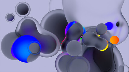 3d render of abstract art video animation with surreal translucent plastic neon fluorescent purple soft bubbles spheres with glowing stripes on a grey background
