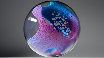 3d render of abstract art surreal glass sphere ball with organic substance inside based on connected small balls spheres as molecular structure particles in deformation transformation process