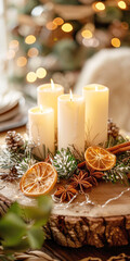 Christmas Scene with Advent Wreath on a Wood Slice and Candles