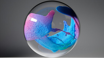 3d render of abstract art surreal glass sphere ball with organic substance inside based on connected small balls spheres as molecular structure particles in deformation transformation process