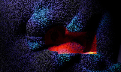 3d render of abstract art with purple surface field with purple dark particles small spheres balls emission in shape of number 01 in red yellow and dark purple mix color