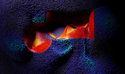 3d render of abstract art with purple surface field with purple dark particles small spheres balls emission in shape of number 01 in red yellow and dark purple mix color
