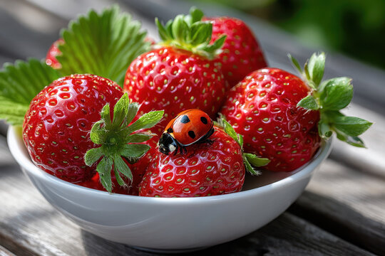 Ripe red strawberries and ladybug in white bowl - Powered by Adobe