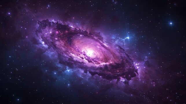 Magnificent spiral galaxy glowing purple and blue in cosmic deep space.