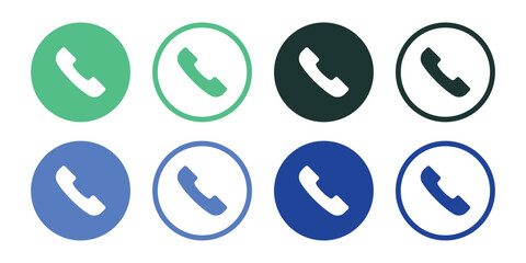 Flat Design Phone Call Icon Vector Set. Circle Handset Symbol in Green and Blue Colors for Contact Us Button and Communication Interface