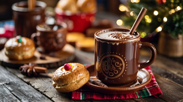 Authentic close up of Mexican hot chocolate with a spoon and festive pastry