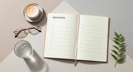 A calming flatlay showing resolution notebook with blank checklist layout, surrounded by soft elements such as a candle, a glass of mineral water, eyeglasses, and a small plant leaf.