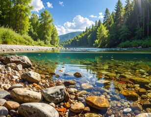 A scenic river flows through a lush forest under a sunny blue sky with fluffy clouds. Pebbles line the clear water's edge