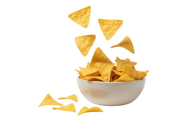 Golden tortilla chips falling into a white bowl, a delicious snack ready for game night, gathering, or casual eating, perfect for dips and sharing with friends, crispy, and flavorful