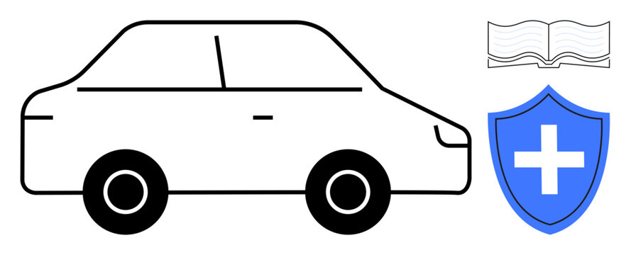 Black car outline with a blue shield featuring a health cross and an open book symbolizing safety, protection, knowledge, health, and insurance. Ideal for education, driving, safety awareness
