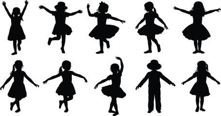 Happy Kids Silhouette Set Vector Illustration of Little Girls and Boys Dancing Jumping and Playing Isolated on White Background © Yeasrin