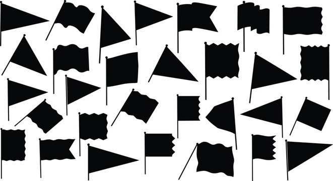 Collection of black flag silhouettes on poles featuring waving banners and triangular pennants for map markers or icons vector illustration.