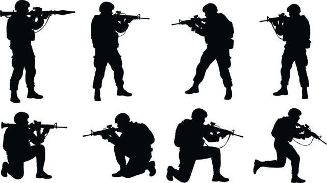 Military Soldier Silhouette Set Vector Illustration of Army Men Aiming Rifles and Rocket Launcher Isolated on White