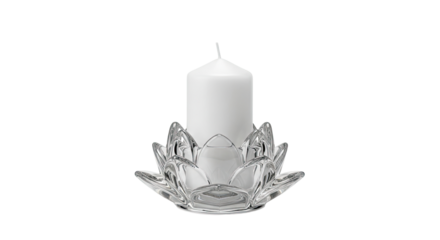 Elegant White Candle in a Decorative Crystal Lotus Holder on an Isolated transparent background, Peaceful Ambiance