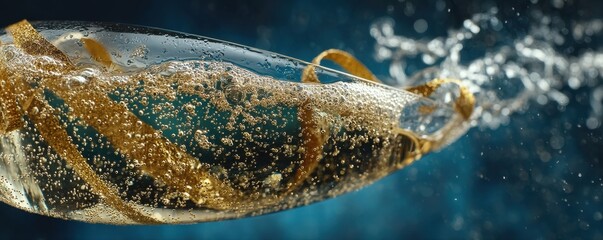 Elegant champagne glass with golden ribbon and sparkling bubbles on a festive backdrop