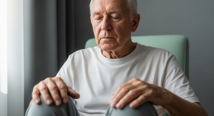 A tired senior man sitting in a chair with his eyes closed. Elderly person feeling unwell, stressed, or in pain. Concept of aging and health problems