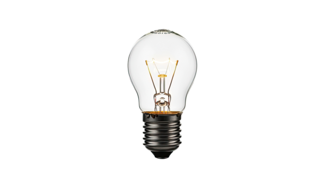 Classic Incandescent Light Bulb with Visible Filament on an Isolated transparent background, Bright Idea Concept