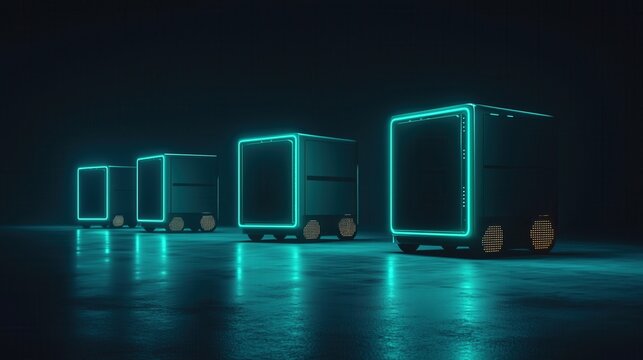 Fleet of Advanced Autonomous Robots Organizing Packages in a Futuristic Warehouse - Powered by Adobe
