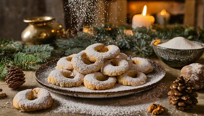 Collection of photos of Vanillekipferl cookies, German Christmas crescent cookies, almond and walnut shortbread, powdered sugar treats, festive holiday baking, cozy kitchen, gourmet dessert styling.