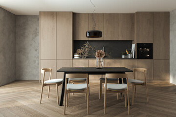 Modern kitchen with wooden cabinetry, stone backsplash, built-in oven, and pendant lighting, featuring a dining area with a wooden table. 3D rendering.