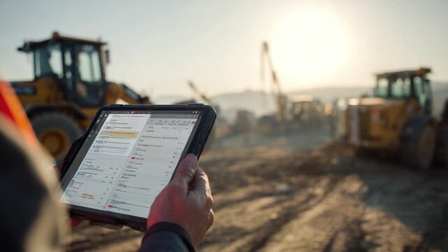 Engineering Oversight: An engineer meticulously reviews data on a digital tablet at a bustling construction site, overseeing operations with precision amid a landscape of heavy machinery.
