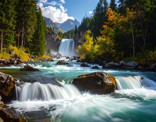 A scenic waterfall cascades into a vibrant turquoise river, surrounded by lush green and autumnal foliage, and mountains