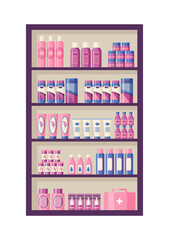 Pills bottles packets liquids syrup capsules in hospital pharmaceutical store. Pharmacy shelf with medicines. Medical products and medications on drugstore shelves. Flat design. Vector illustration