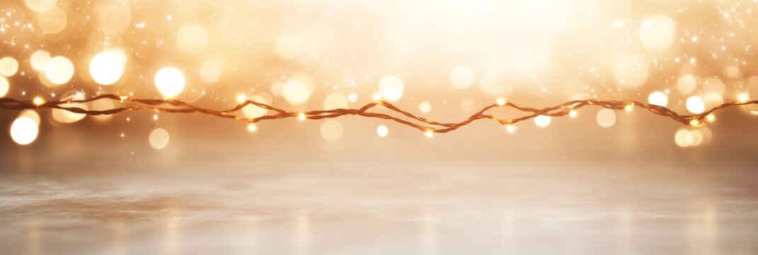 Golden christmas string lights illuminating a blurred bright bokeh background and a light concrete surface, creating a festive atmosphere