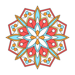 Symmetrical Ornamental Mandala Featuring Floral Motifs, Geometric Shapes, and Vibrant Color Palette. The artwork showcases a harmonious blend of organic and geometric designs, creating a visually appe