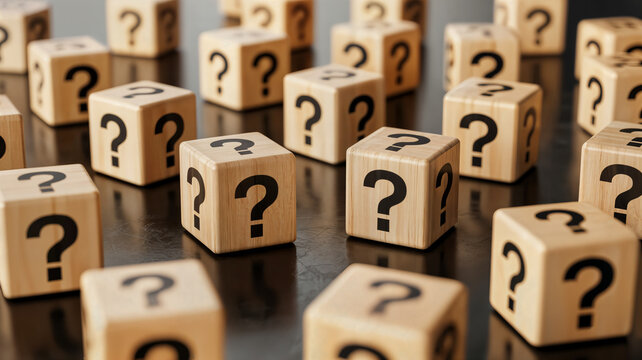 Wooden blocks with question marks create a conceptual background for problem solving uncertainty and decision making in business education and personal life scenarios