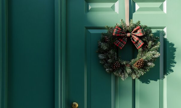 Festive christmas wreath with a tartan bow and pinecones hanging on a green textured door, bringing holiday cheer