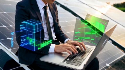 Man in Suit Works on Laptop Amidst Solar Panels with Futuristic Data Visualizations. - Powered by Adobe