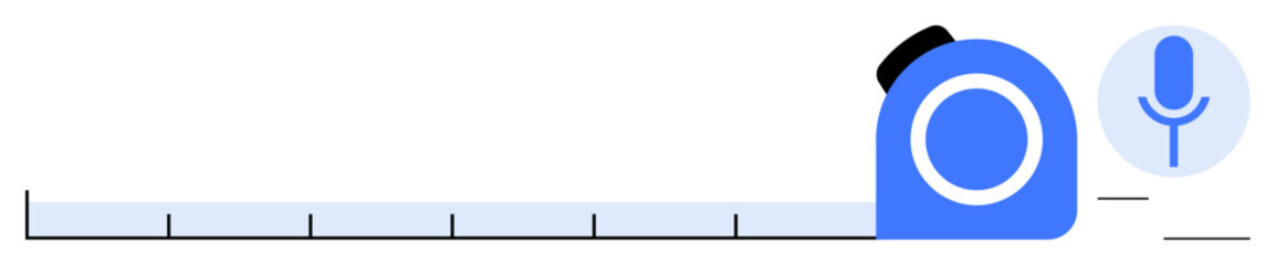 Blue tape measure aligned horizontally with a microphone icon, symbolizing measurement and voice command technology. Ideal for innovation, engineering, technology, smart devices, DIY, construction