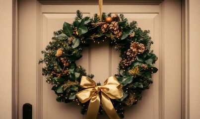 Decorated evergreen christmas wreath with golden pinecones, ornaments, and string lights, hanging on a welcoming door