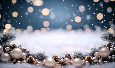 Winter holiday composition featuring shimmering christmas decorations, pine cones, and bokeh lights on a blanket of white snow