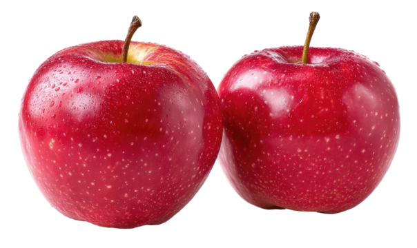 Two vibrant, glossy red apples, close-up,  touching, with stems