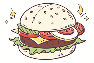 Illustrated Hamburger with Fresh Toppings and Sparkles